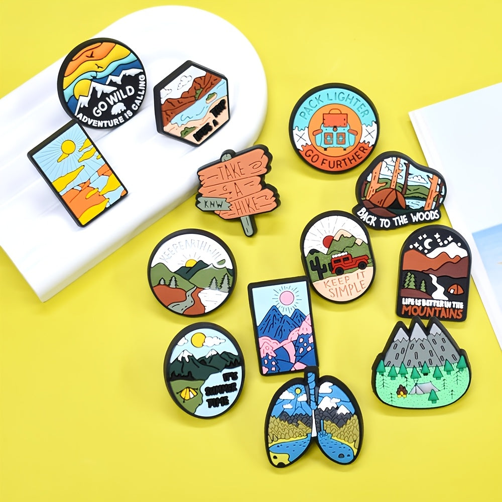 Set of 16 Adventure Themed Plastic Brooch Pins for Travel and Nature Enthusiasts