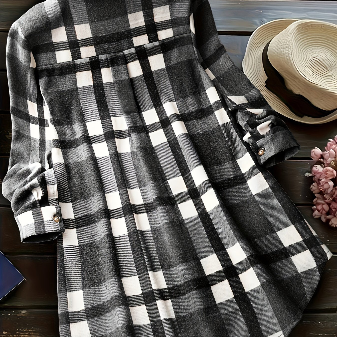 Блузка для женщин больших размеров в повседневном стиле с клетчатым принтом коричневого и белого цветов, с длинными рукавами, на пуговицах, для всех сезонов