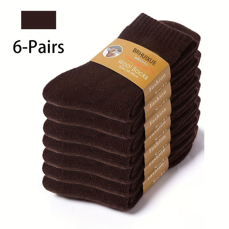 Men's Wool Crew Socks 6 Pairs Autumn Winter Soft Warm Breathable Solid