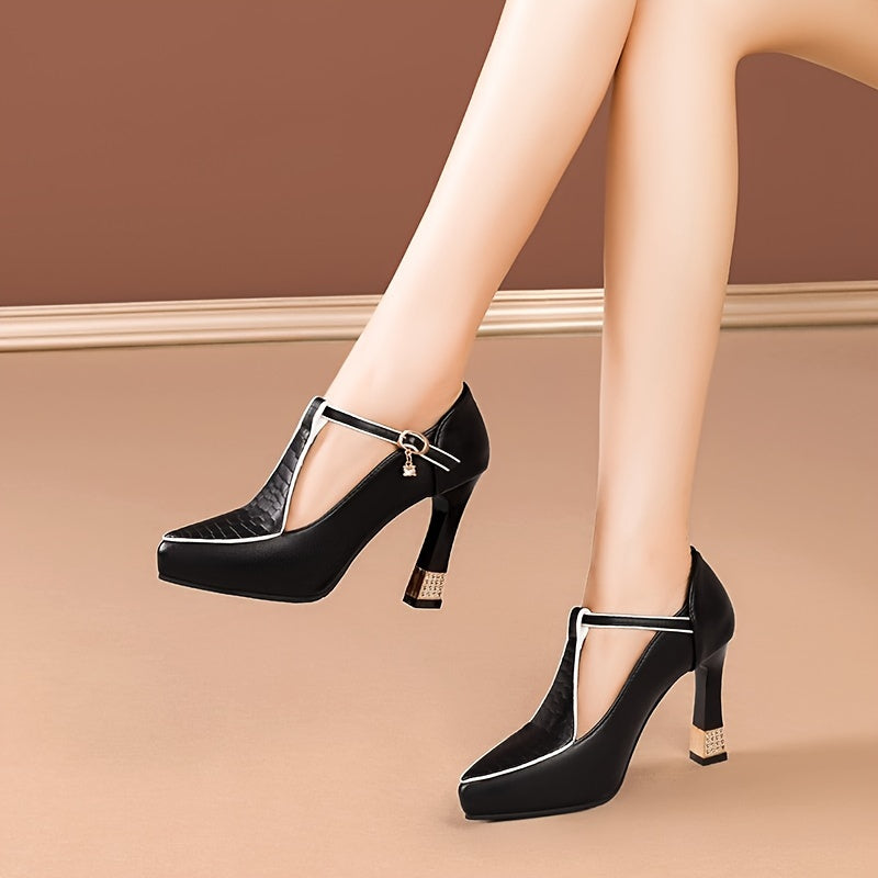 Women's Black Faux Cover Pointed Toe Pumps with Rhinestone Buckle High Block Heel Dress Shoes