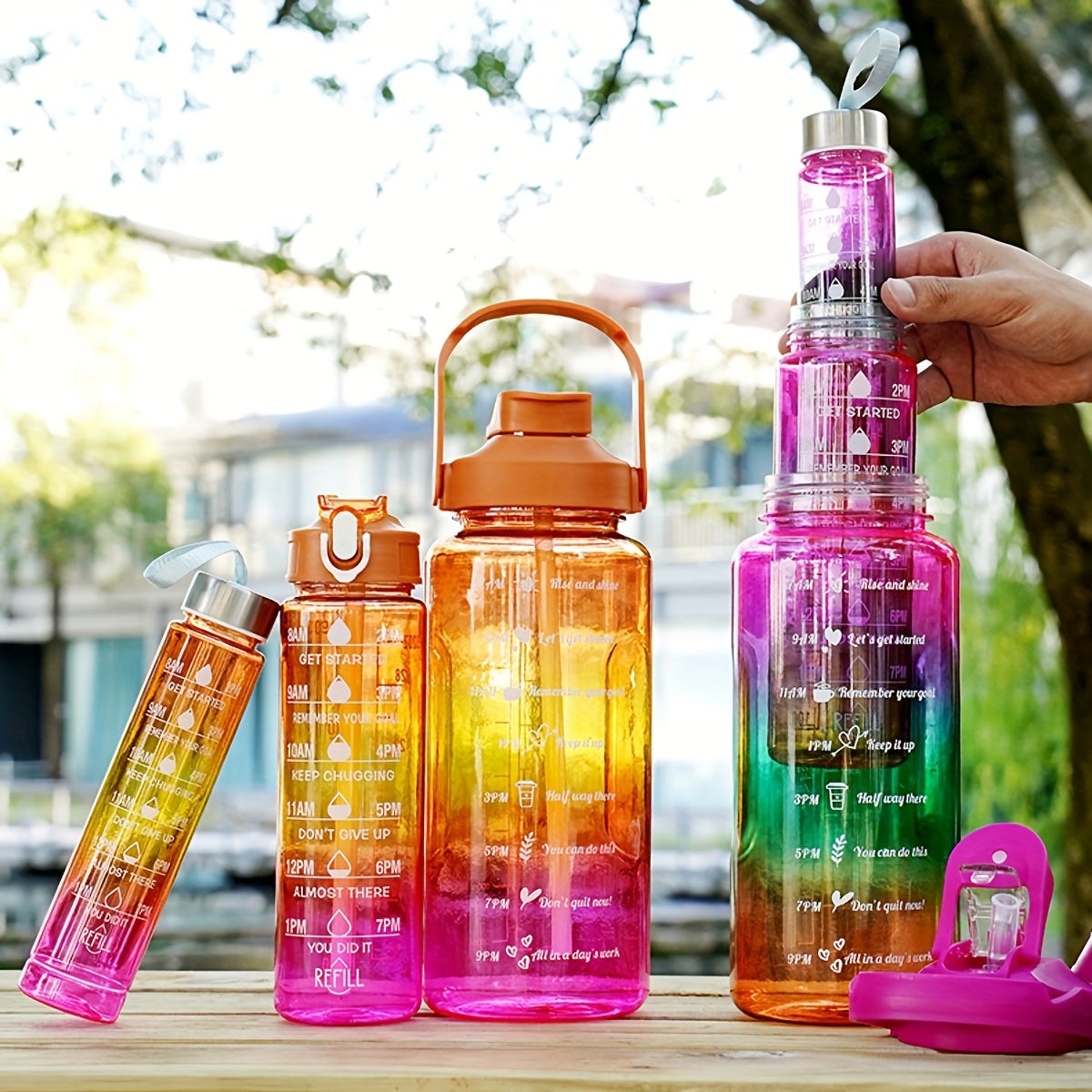 Set of 3 Gradient Water Bottles 2000ml Leakproof for Hiking Camping Fitness