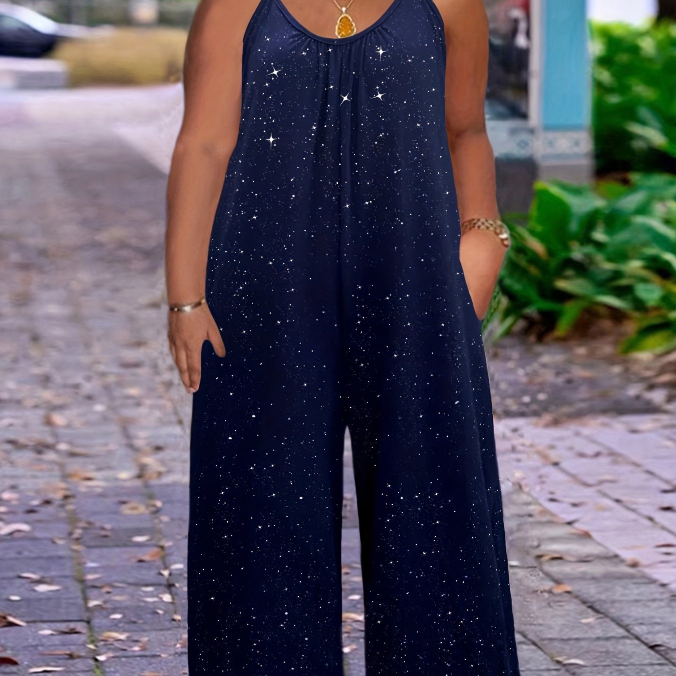 Mono de una pieza de mujer de talla grande con lentejuelas y pantalón ancho casual sin mangas