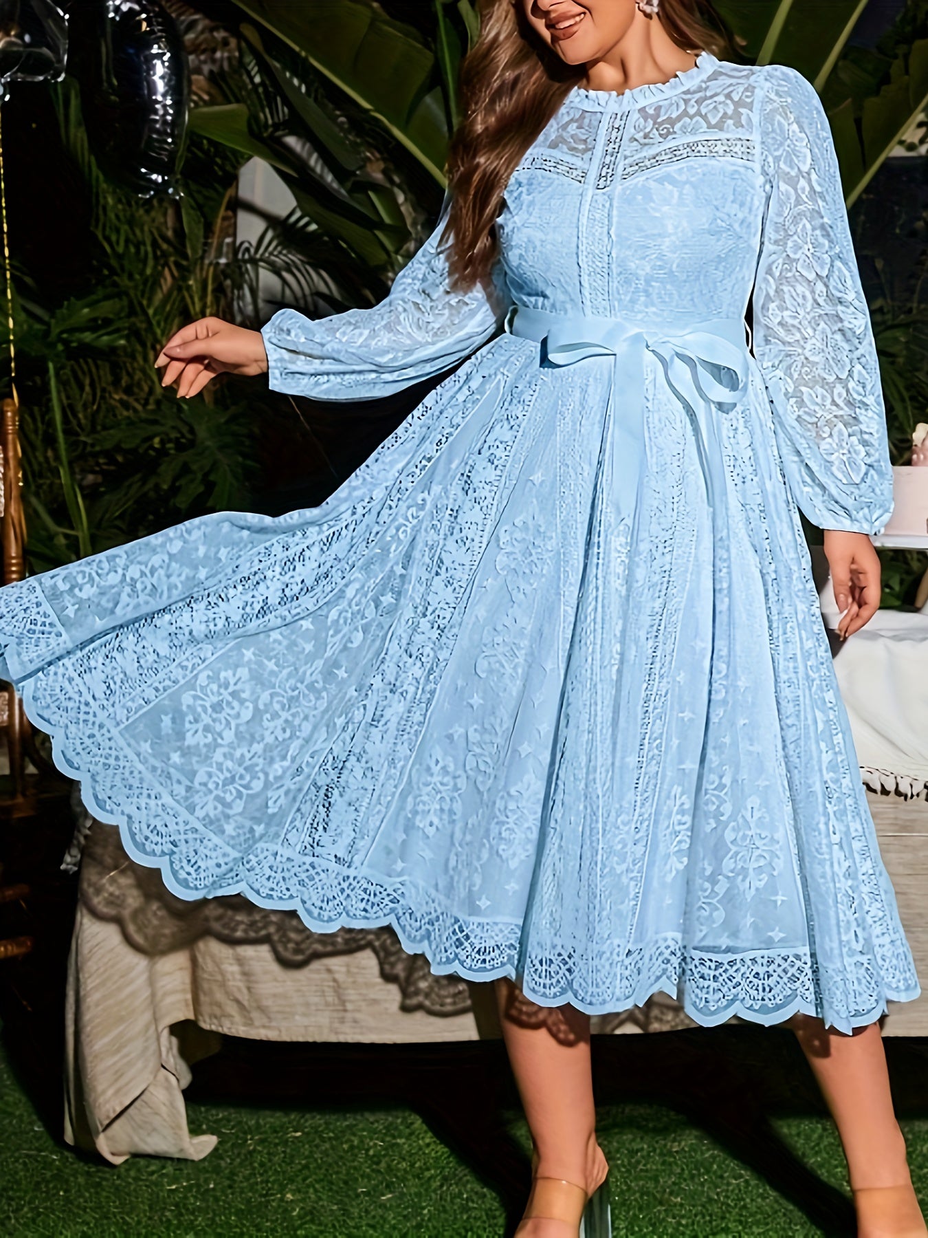 Plus Size Lace Dress for Women with Lantern Sleeves Tie Waist High-Low Hem Polyester