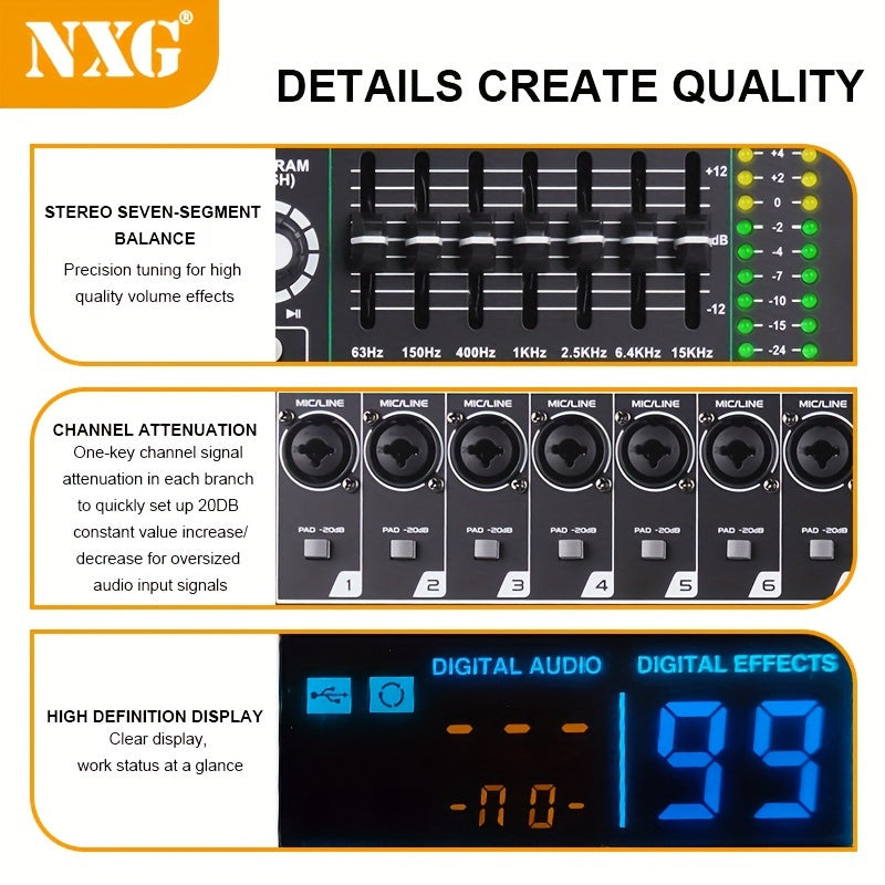 'NXG XF8/12/16 Professional Mixer Soundboard 8/12/16 kanalli, USB MP3 kompyuter kirishi, 48V fantom quvvati, 99 ta reverb effektlari va yozish funksiyasi bilan.'