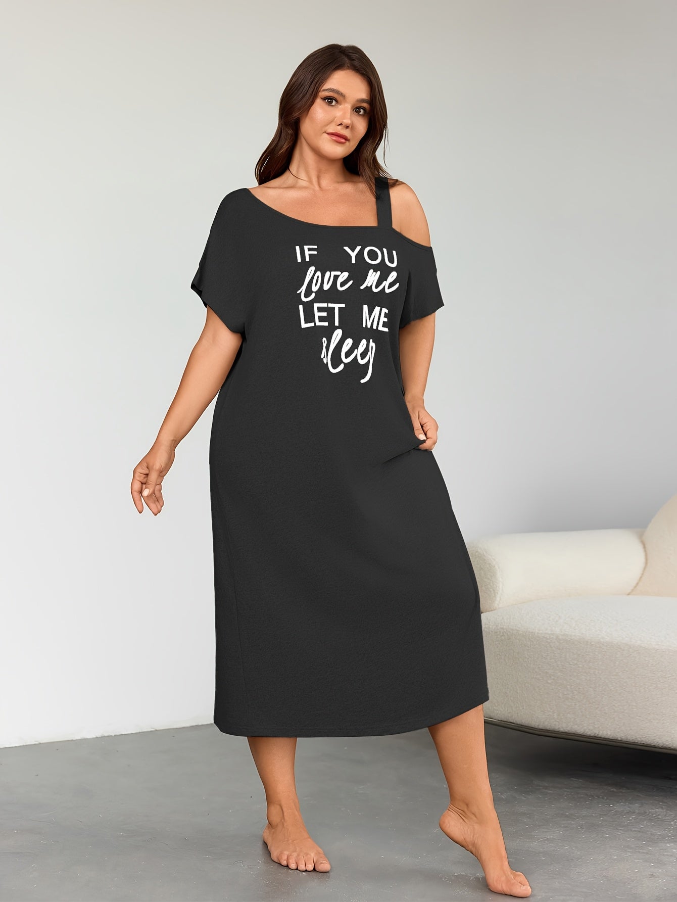 Plus Size Women's Sleep Dress Off-Shoulder Letter Print Gray Pajama Set
