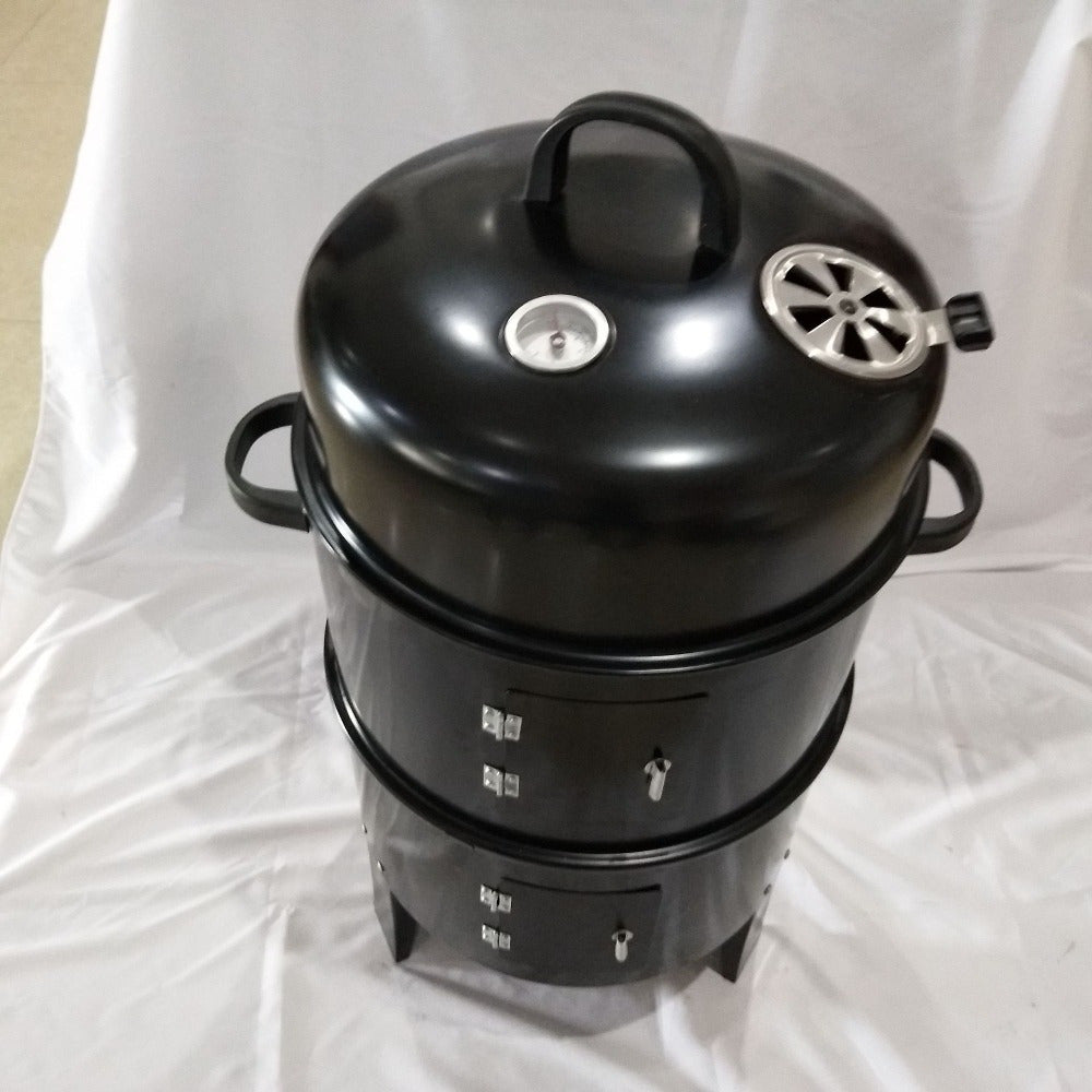 Portable outdoor BBQ grill and smoker with foldable design, integrated smoker box, ideal for camping and tailgating, insulated structure