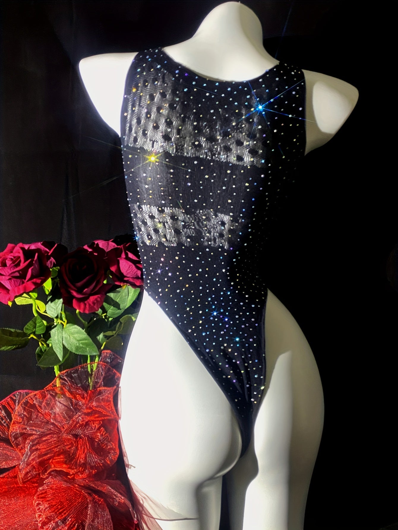 Женский черный боди с rhinestone, без рукавов, с высокой эластичностью, нижнее белье