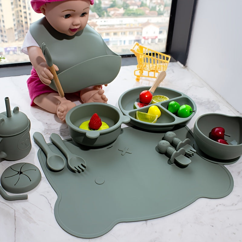 Children's Silicone Feeding Set 9pcs Divided Plates Sucker Bowl Bib Drinking Cup