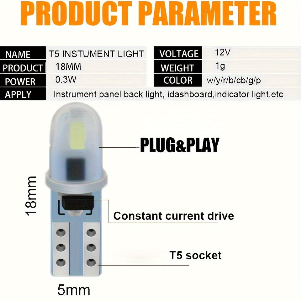 10Pcs T5 LED Indicator Wedge Light Bulbs for Car Dashboard Panel Red White