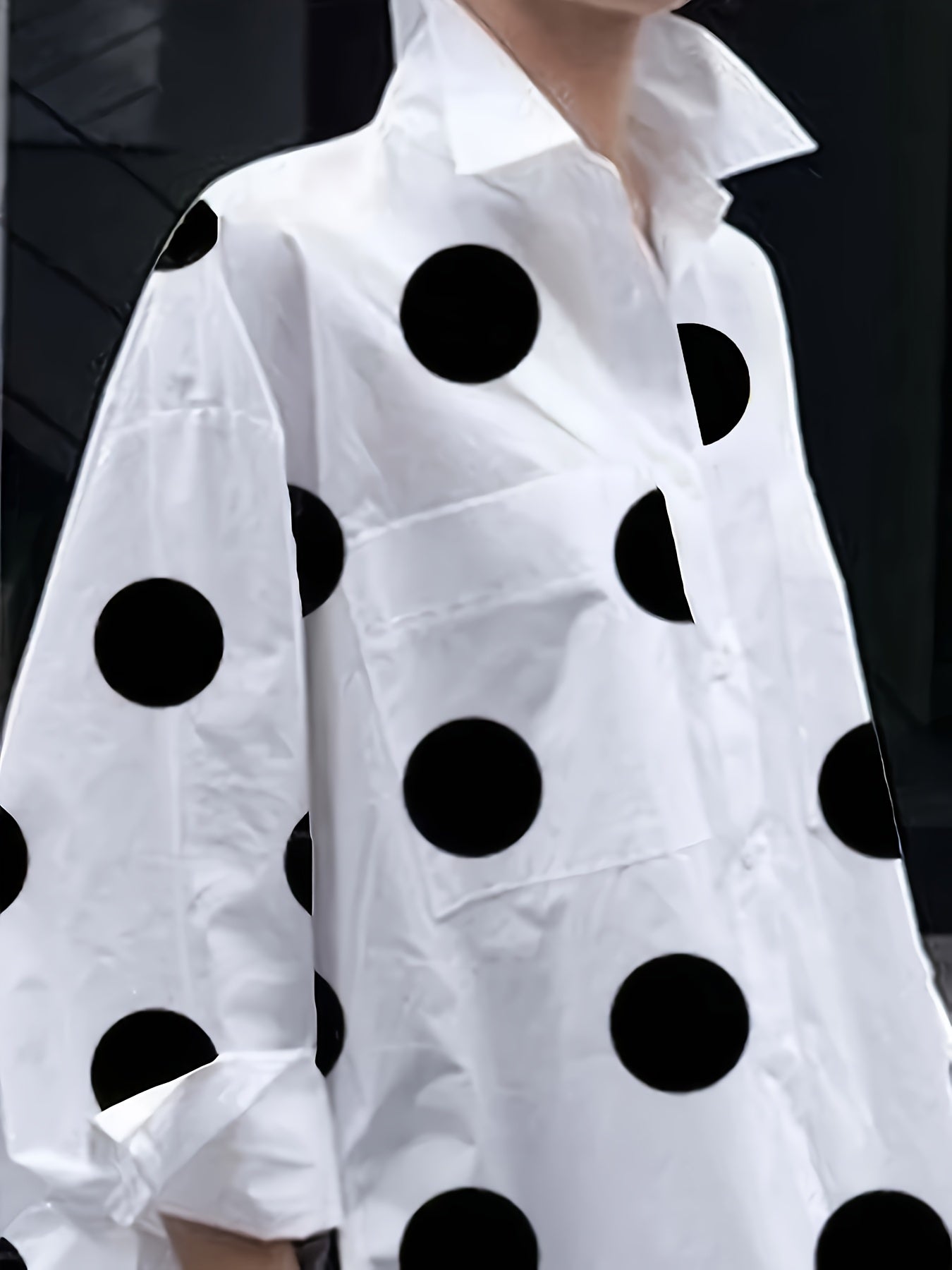 Women's Pink Polka Dot Long Sleeve Shirt with Lapel Collar and Side Slit in Polyester Blend