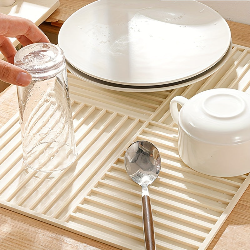 Estera de silicona beige para secar platos con relieves elevados, plegable, resistente al calor, absorbente y organizador de cocina