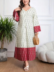 Plus Size Floral Colorblock Kaftan Dress V Neck Long Sleeve Womens Clothing