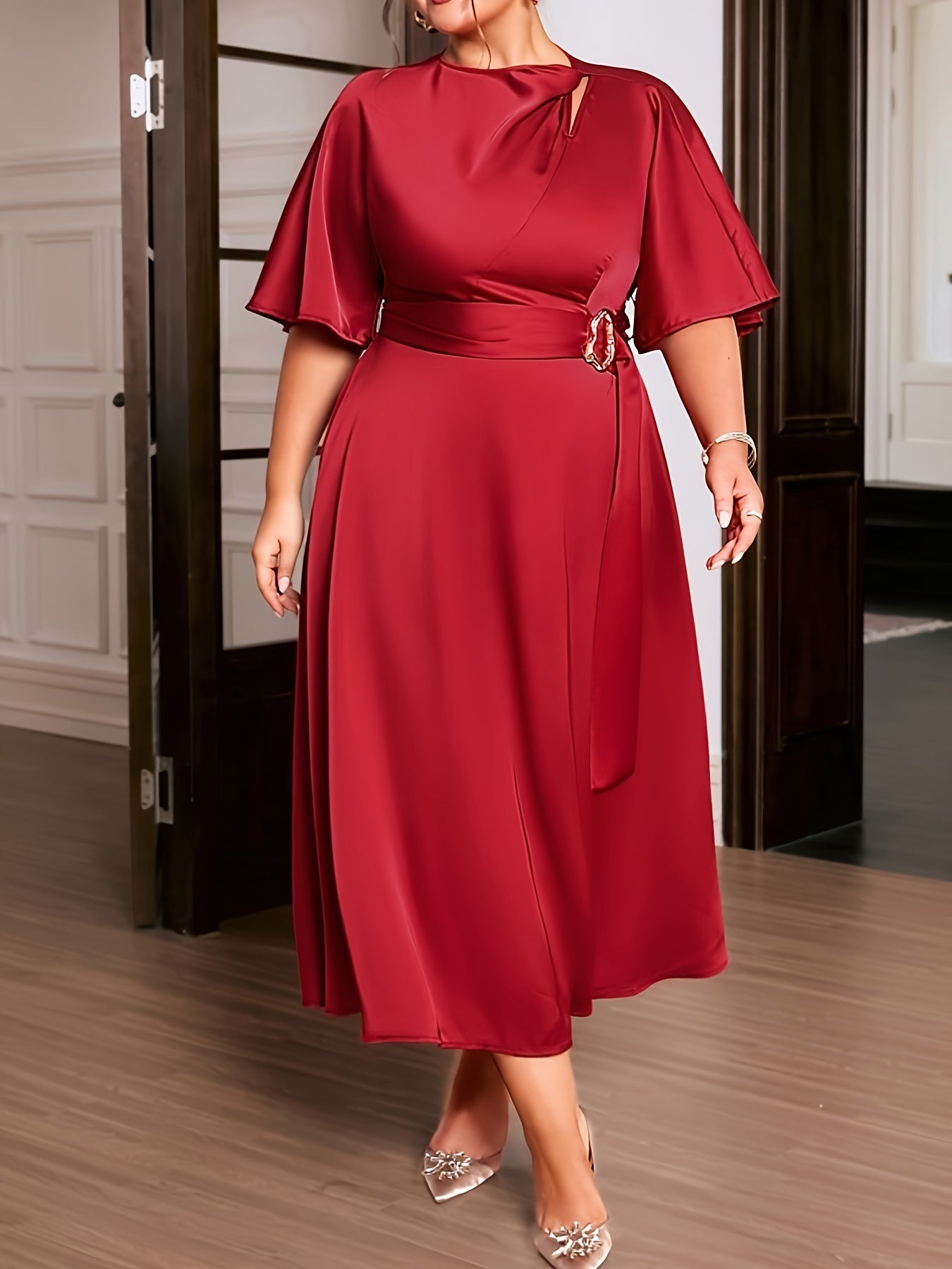Women's Plus Size Long Dress Polyester Spandex Blend Crew Neck Short Sleeve Wedding Guest