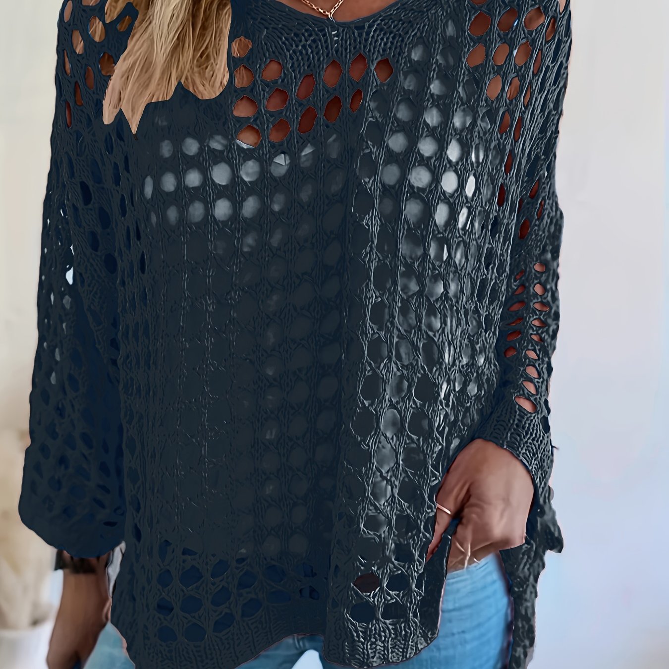 Plus o'lcham ayollar uchun kroşe tığ işi qovg‘a ustki uzun qolli V-shakl bo'yinli yashil