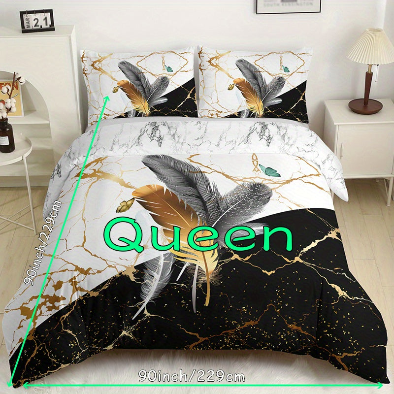 Duvet Cover Set with Marble Feather Print Soft Bedding for Bedroom and Guest Room