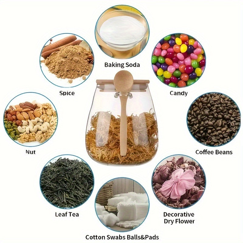 Glass Storage Jar with Spoon for Coffee Sugar Tea Salt Spices Kitchen Organizer