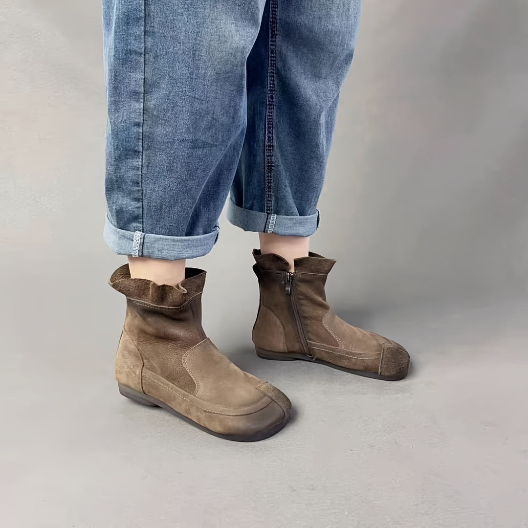 Women's Genuine Leather Mid-Calf Ankle Boots with Low Heel and Zipper