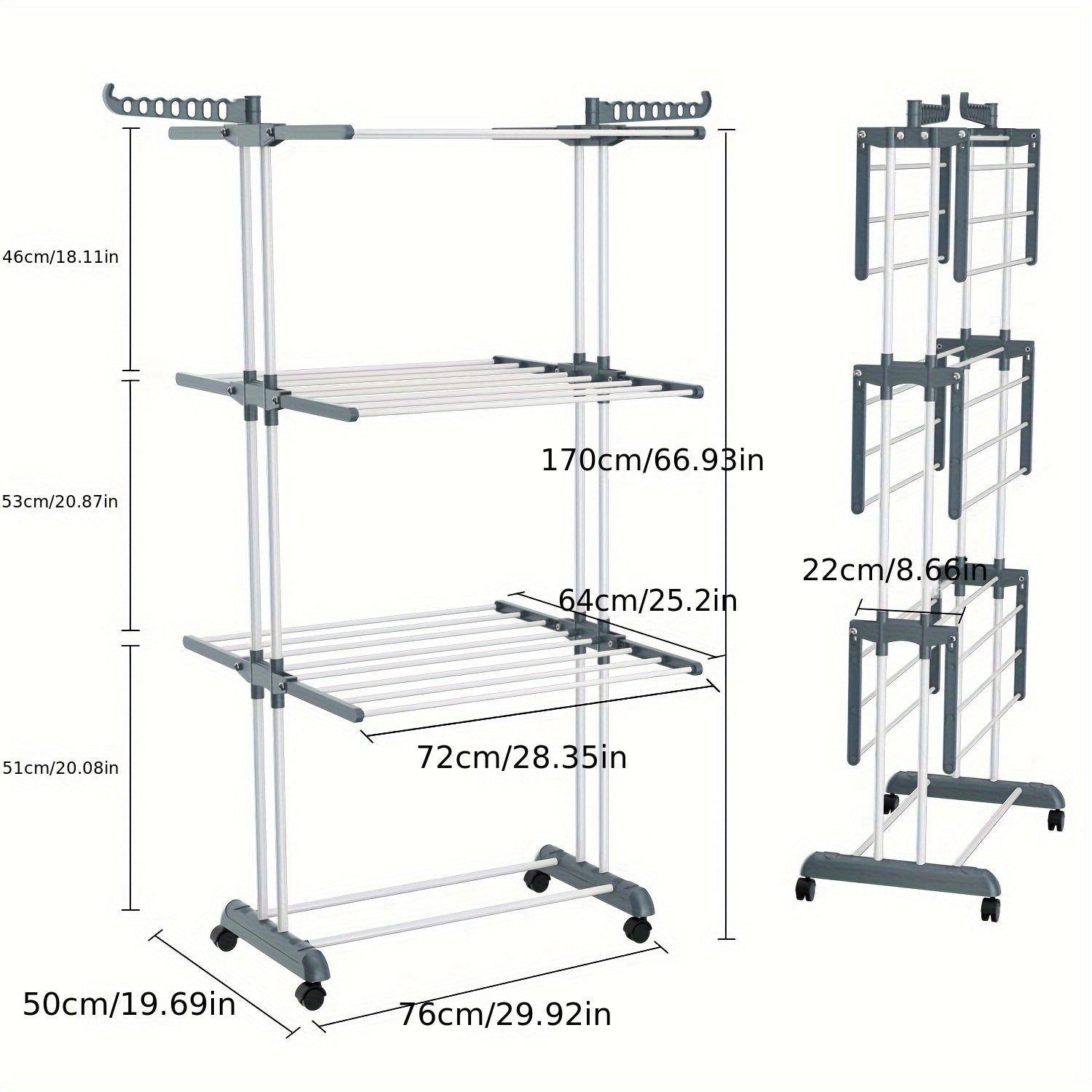 4-Tier Stainless Steel Clothes Drying Rack Foldable with Removable Hanger Indoor Outdoor