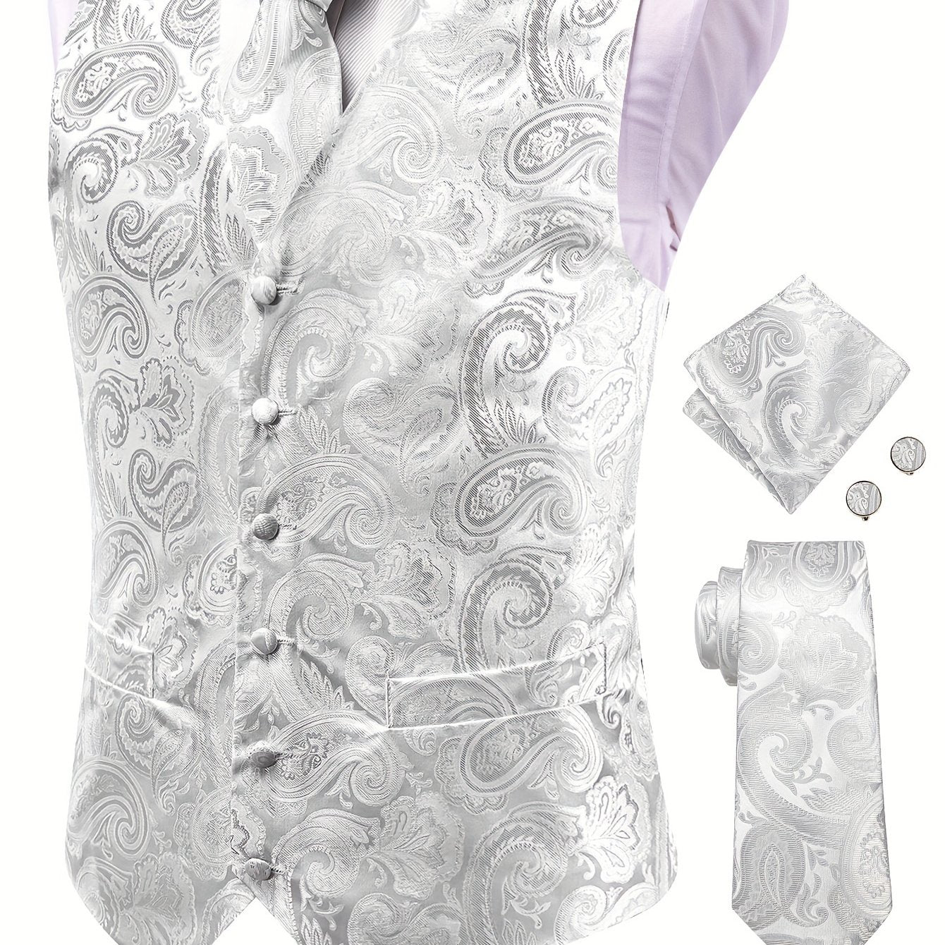 Men's Large Size White Paisley Pattern Accessories Set Waistcoat Necktie Hanky Cufflinks