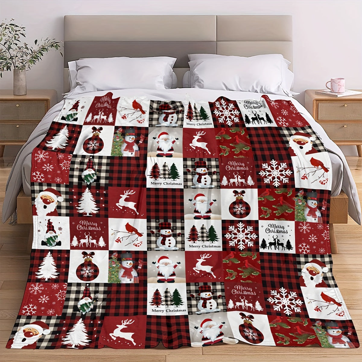 Reversible Christmas Reindeer Snowflake Throw Blanket Polyester Flannel for Sofa Bed Office
