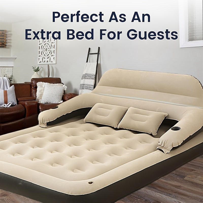 Inflatable Air Mattress with Headboard, Flocked Top, No Electric Pump