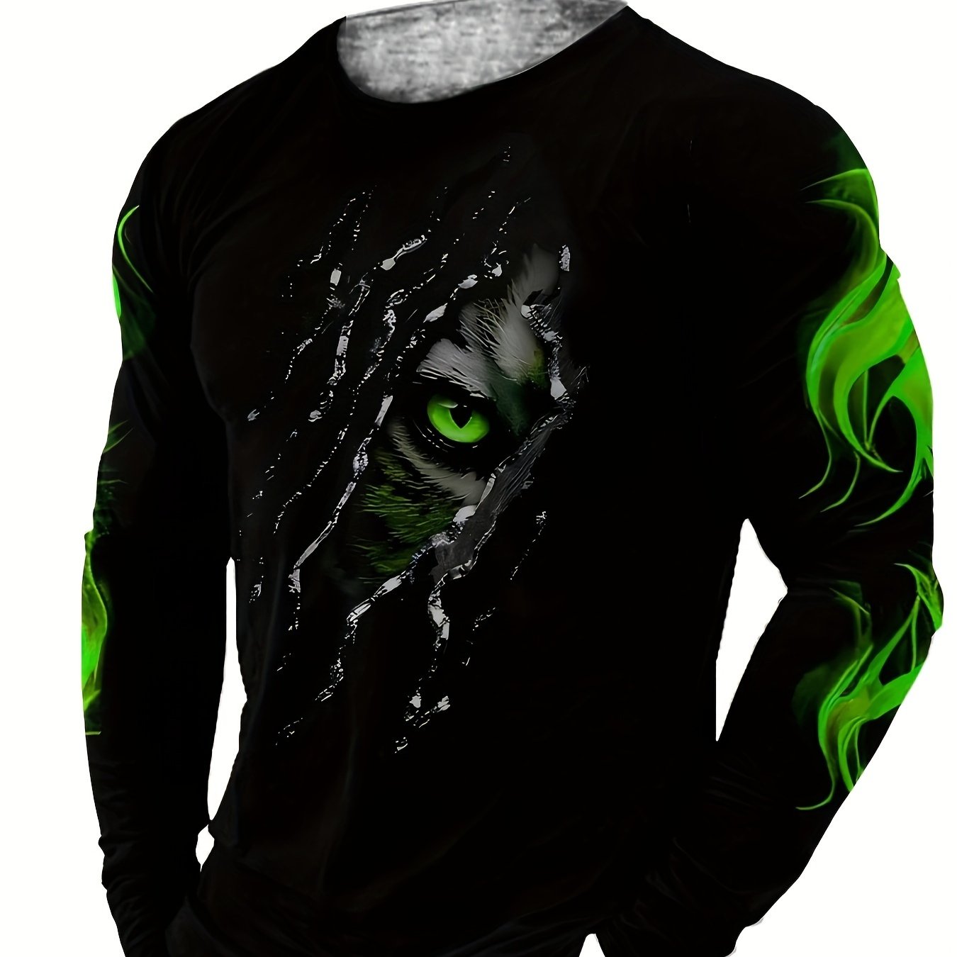 Men's Long Sleeve Crew Neck T-Shirt with Green Eye Flame Pattern Polyester Knit Slim Fit