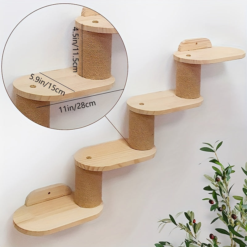 Rustic Solid Wood Cat Climbing Shelves with Sisal Posts for Indoor Cats