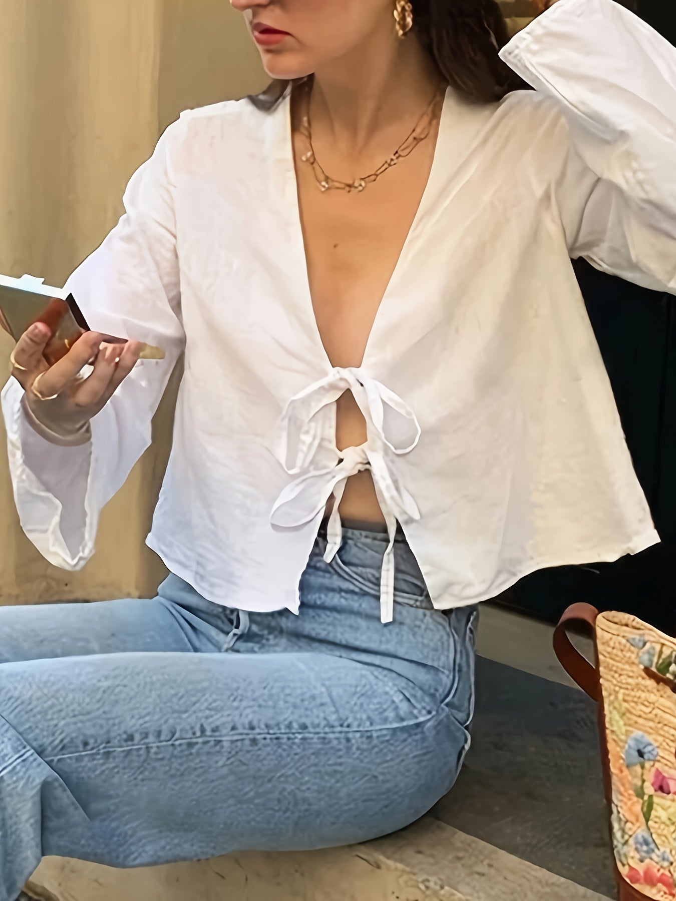 Camisa de poliéster con cuello en V y lazo frontal para mujer, color sólido, primavera y otoño, tallas para adultos