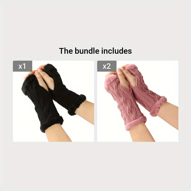 Solid Color Twist Knit Fingerless Gloves with Velvet Lining for Winter Warmth
