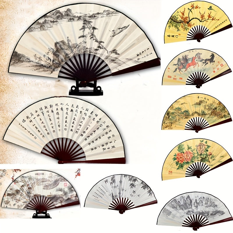 Vintage Handheld Fan 8 Inch Folding Fan with Peony Flower Landscape Painting
