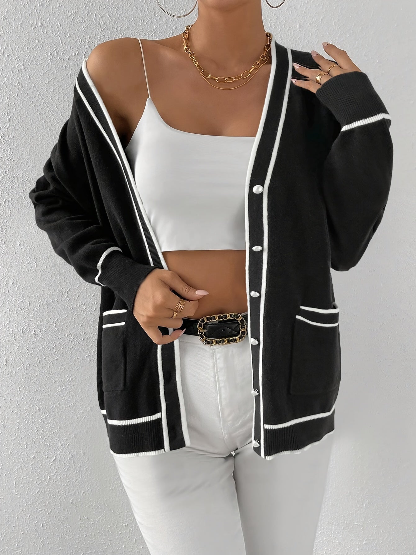 Plus Size Black White Cardigan Sweater with Pearl Buttons for Women