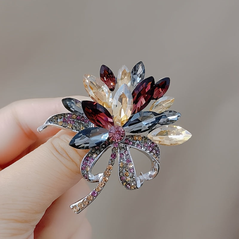Retro Crystal Floral Brooch Multicolored Glass Statement Pin Irregular Design