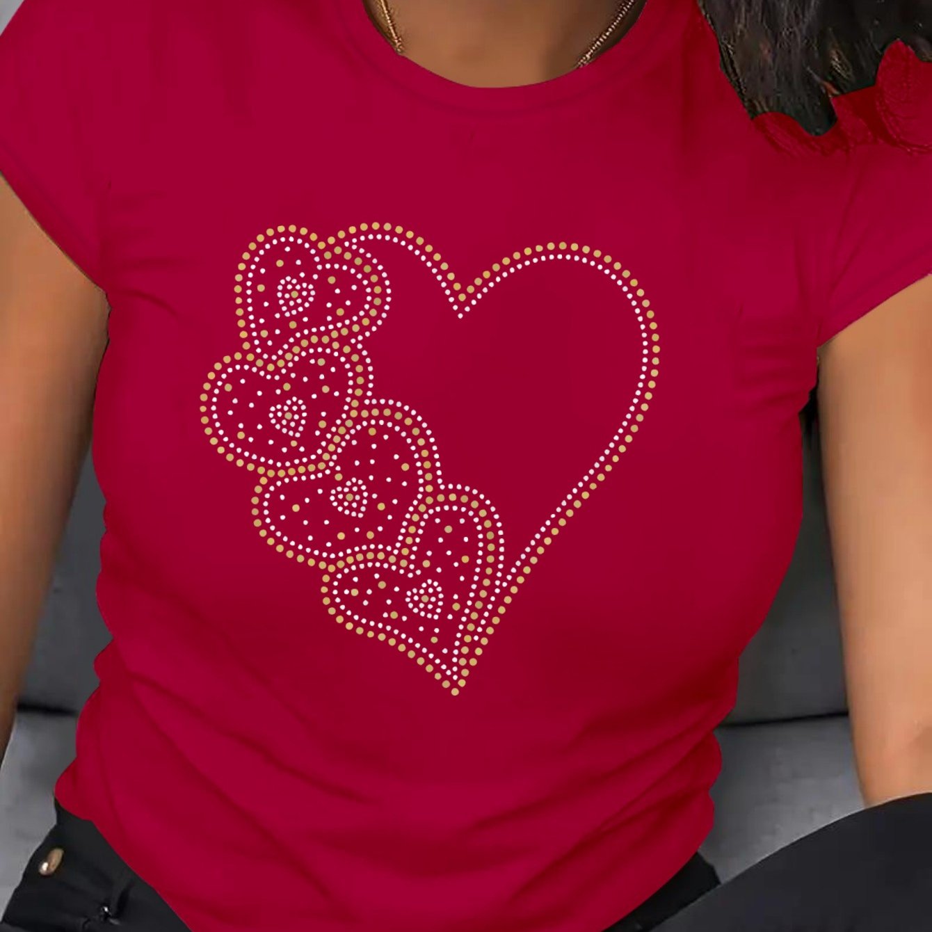 Plus Size Women's Casual T-Shirt with Rhinestone Heart Short Sleeve Beige