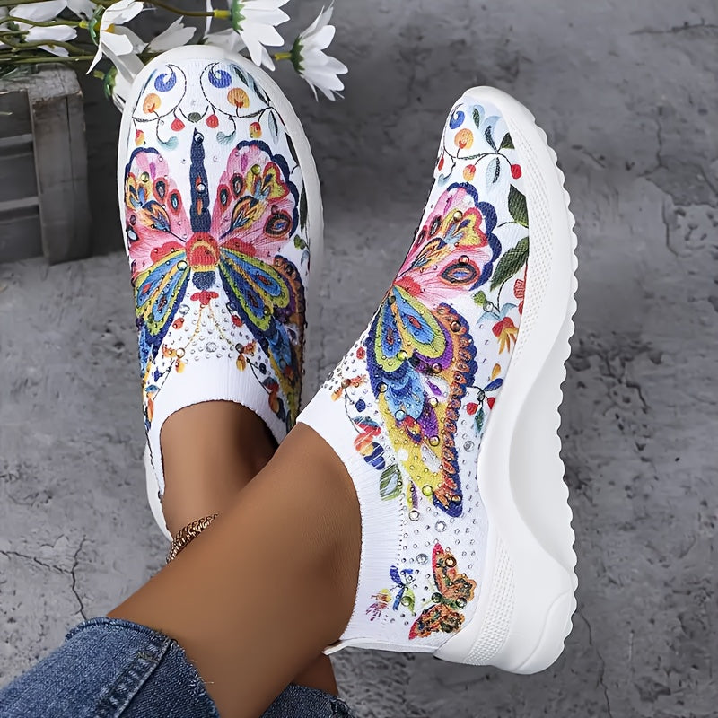 Plus-Size Women's Butterfly Slip-On Sneakers Lightweight Breathable Rhinestone