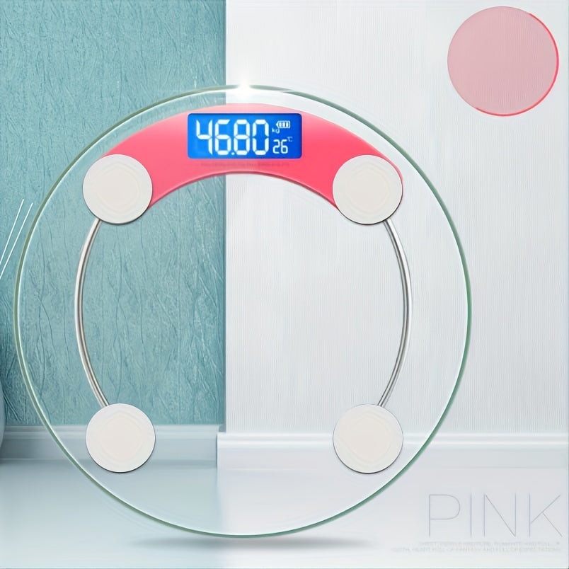 Round digital bathroom scale with glass platform blue backlight display modern design