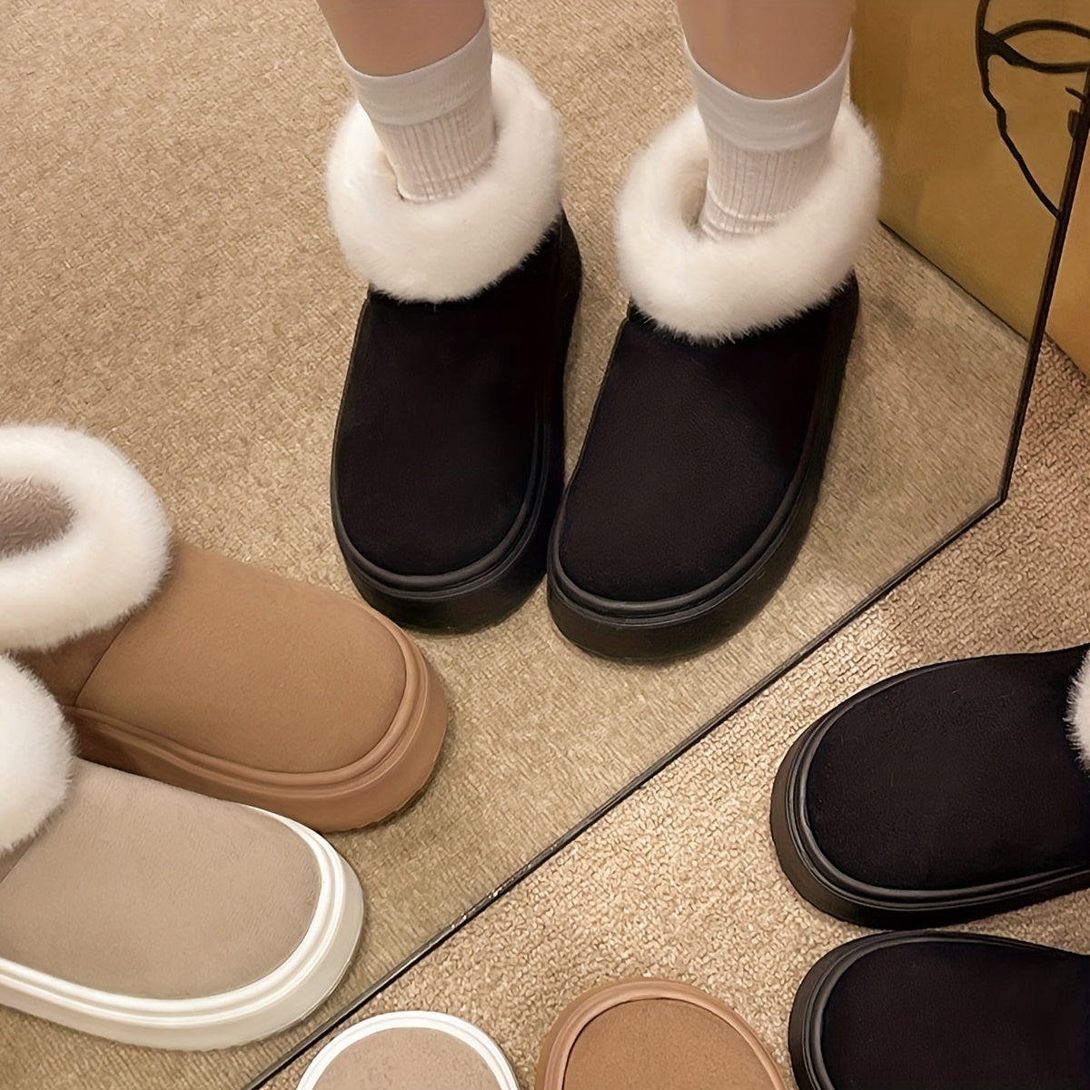 Women's Winter Slip-On Boots Soft Fabric Faux Fur Black Brown