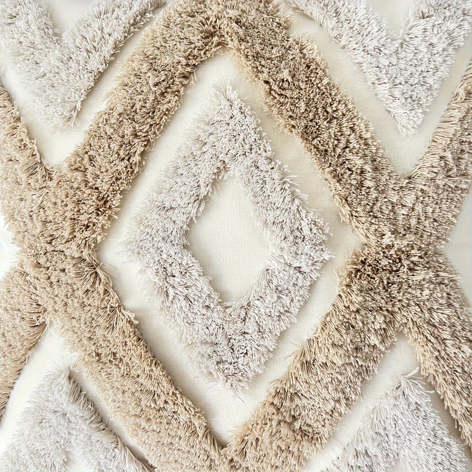 Bohemian Throw Pillow Cover Beige Khaki Textured Canvas Geometric Tribal Embroidery