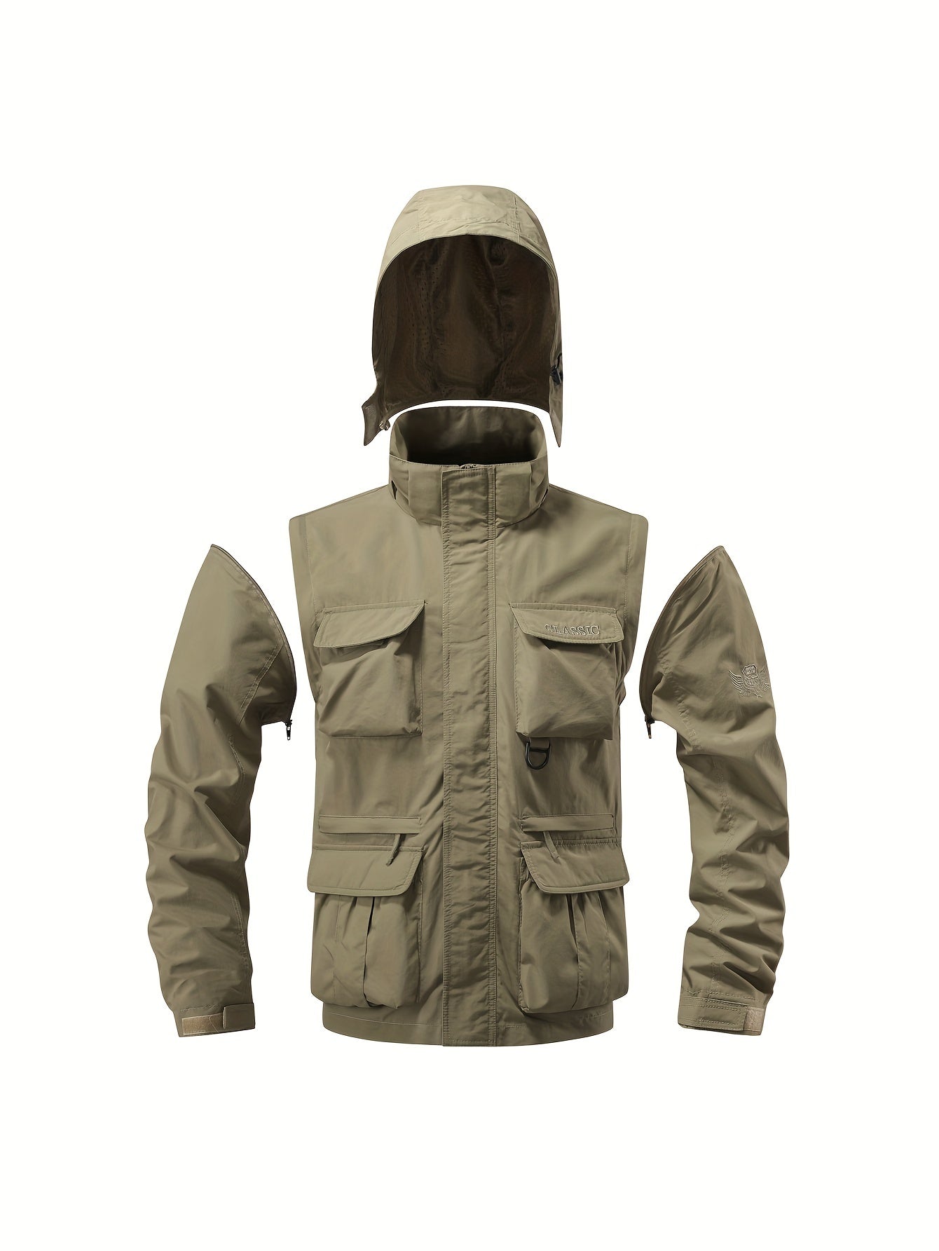 Men's Hooded Windbreaker Jacket with Detachable Hood and Multi Pocket Cargo Vest for Outdoor Activities