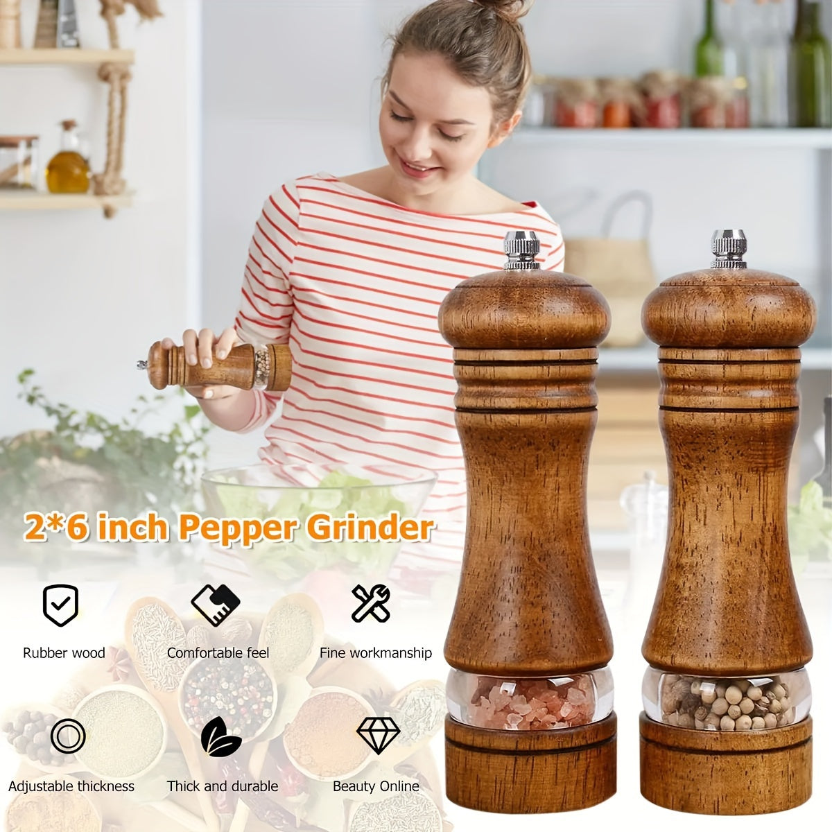 Set of 2 Adjustable Wooden Pepper and Sea Salt Grinders, Refillable, Manual Spice Mills