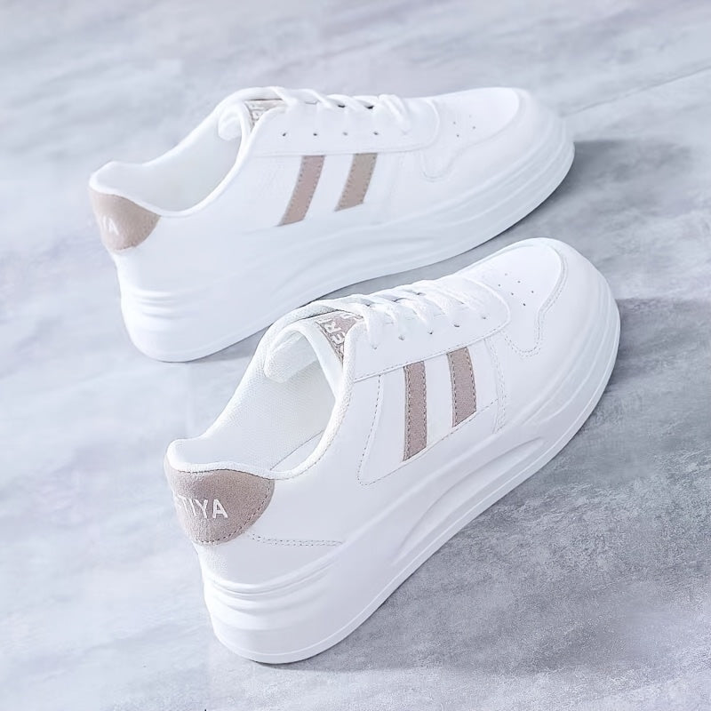 Women's White Sneakers with Blue Stripes Waterproof Non-Slip Casual Low Top