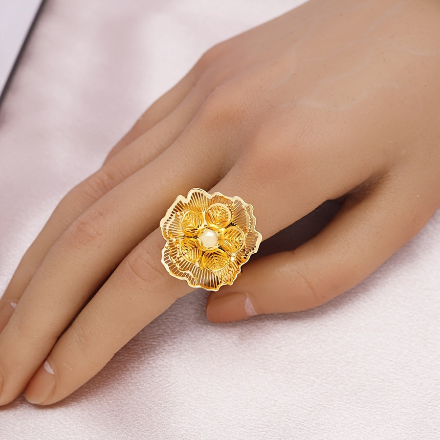 Middle Eastern Bridal Jewelry Set with Hollow Flower Bracelet and Ring for Wedding and Women