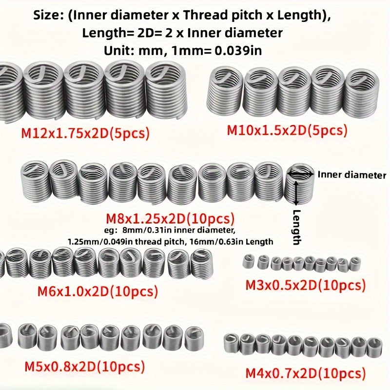 60pcs Stainless Steel Thread Repair Kit M3 to M12 Durable Fasteners