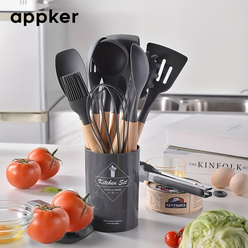 12-Piece Non-Stick Silicone Kitchen Utensil Set with Wooden Handles Heat-Resistant Durable Safe for Cooking and Baking