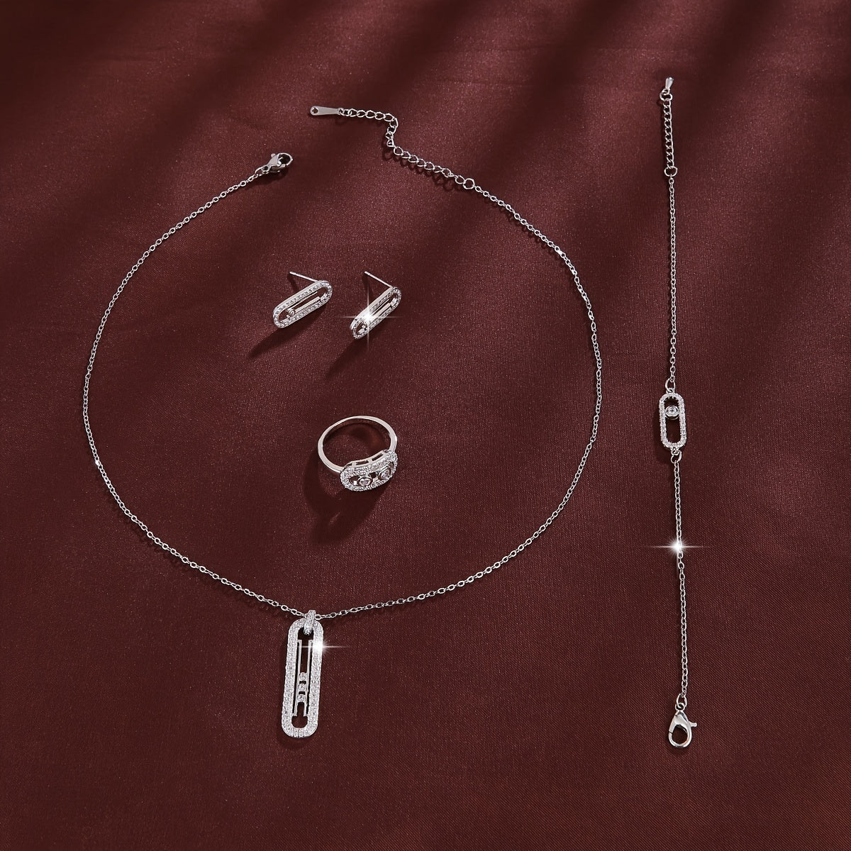 Conjunto de joyería de cobre con pendientes de zirconia, collar, anillo y pulsera estilo coreano