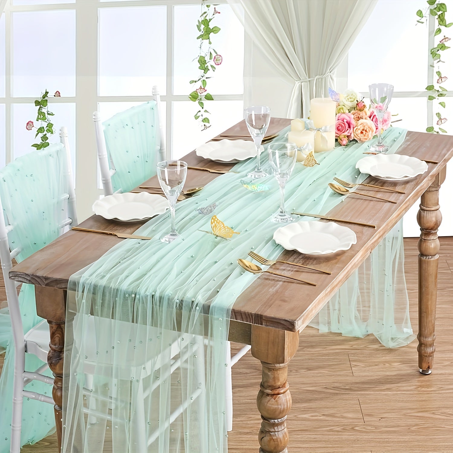 Camino de mesa de tul con perlas para bodas y fiestas, 72 pulgadas