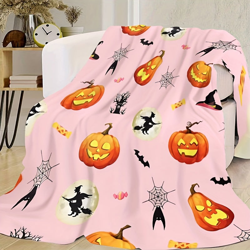 Halloween Pumpkin Print Flannel Throw Blanket Hypoallergenic All Seasons Knitted Polyester