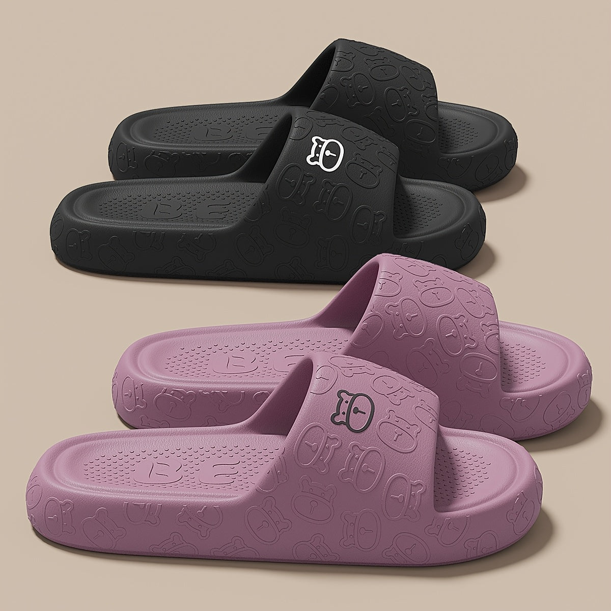 Unisex Cartoon Bear Print Slip-On Indoor Outdoor House Shoes Black Pink Size 48 49