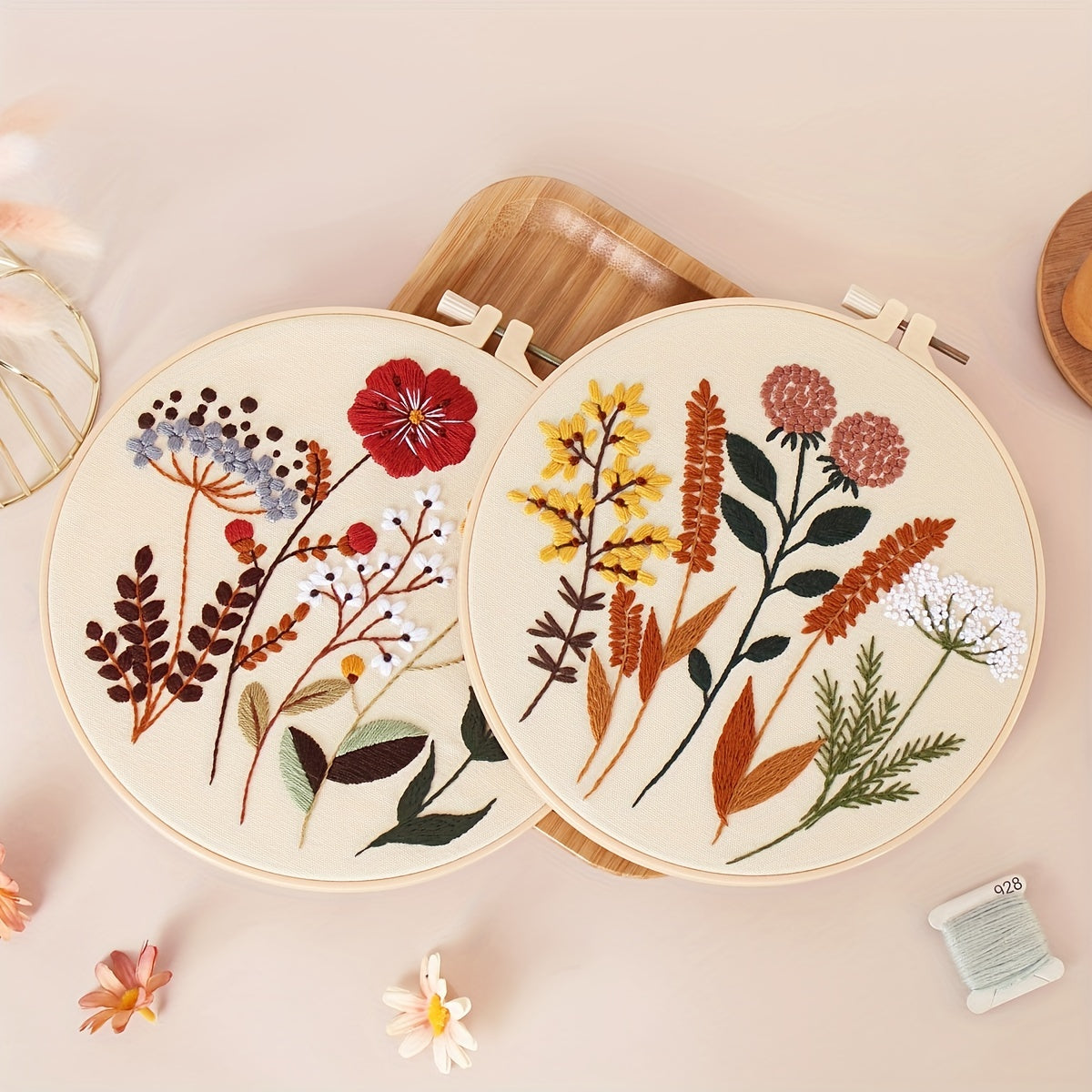4-Piece Embroidery Kit with Floral Pattern, Hoops, Floss, Needles and 3-Pack Cross Stitch Kit for Beginners