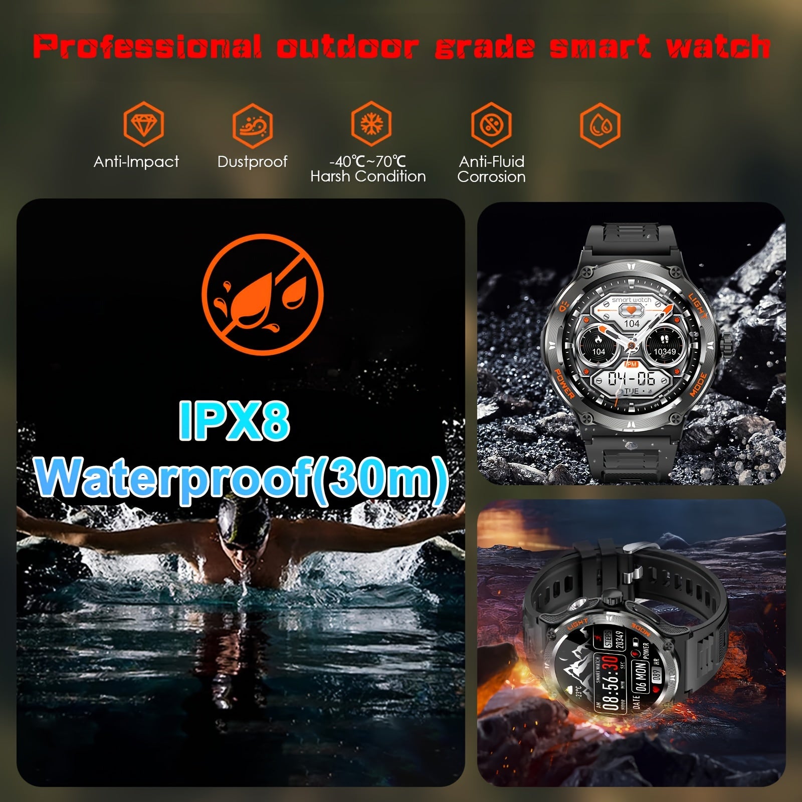 Smartwatch for Men and Women with LED Flashlight 3.89cm Display Fitness Sleep Tracker Waterproof