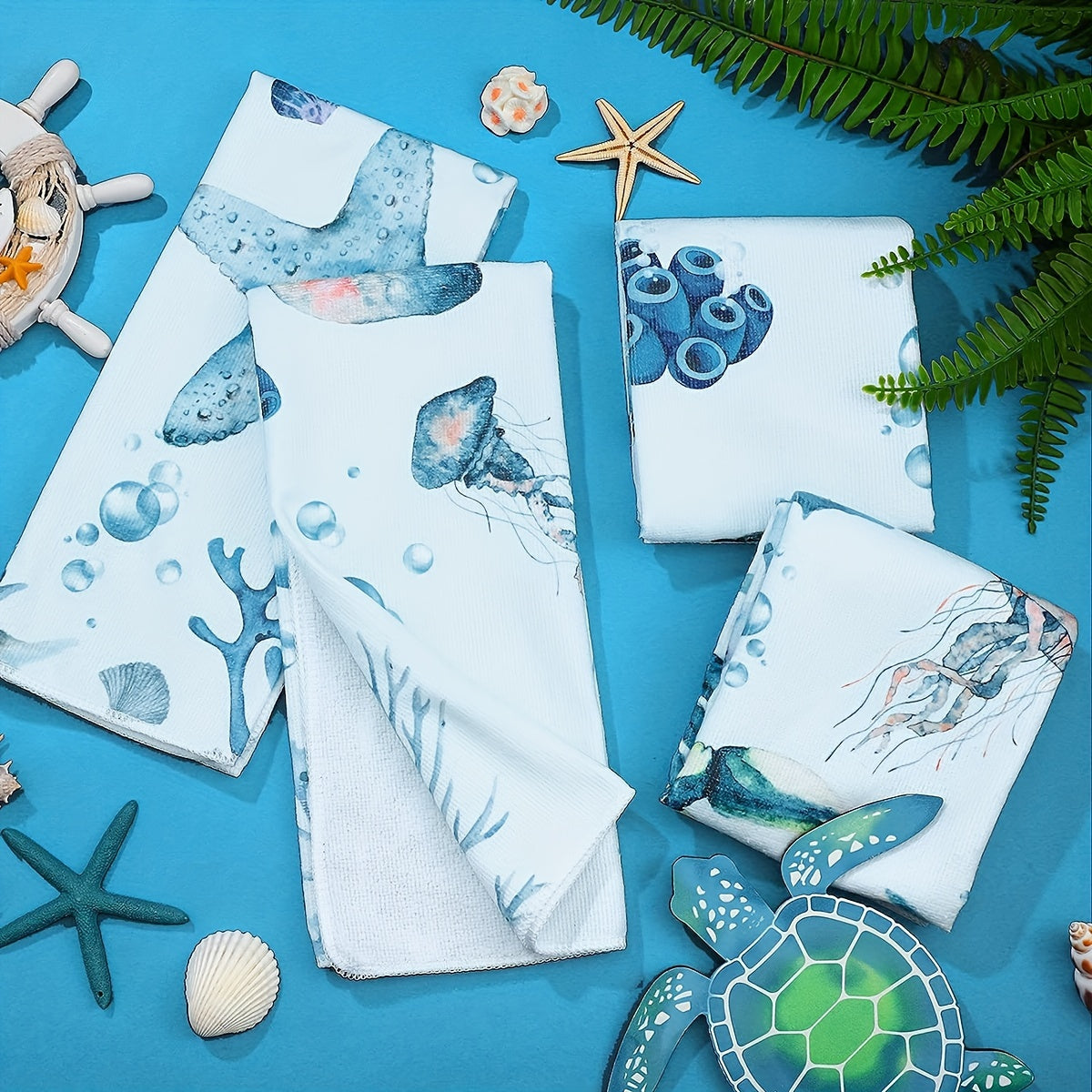 6-Piece Microfiber Kitchen Towel Set with Turtle and Ocean Animal Designs Absorbent for Cooking Baking Cleaning